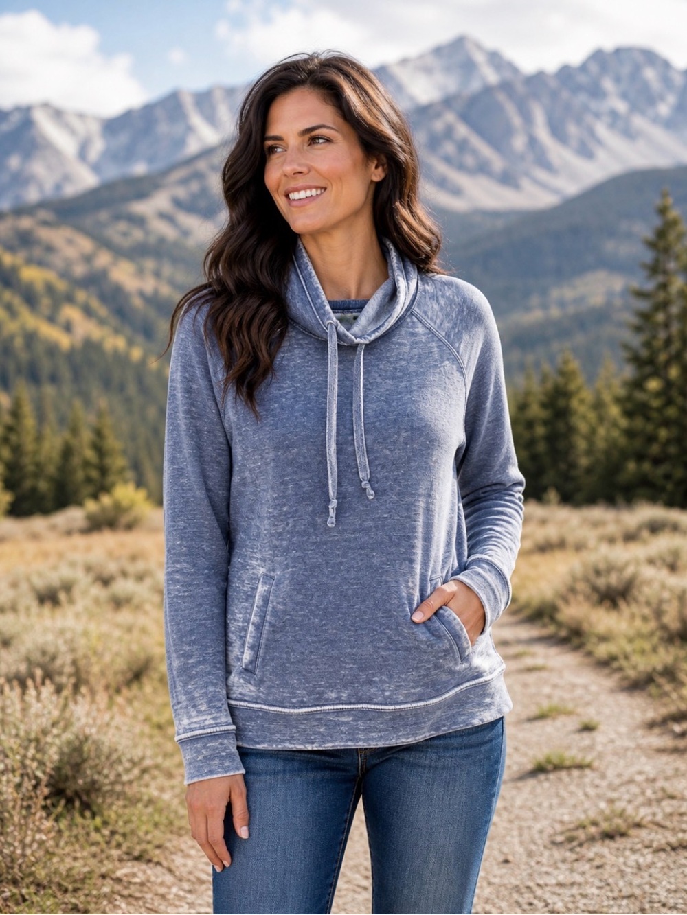 Green Tea mock neck drawstring blue washed out sweatshirt